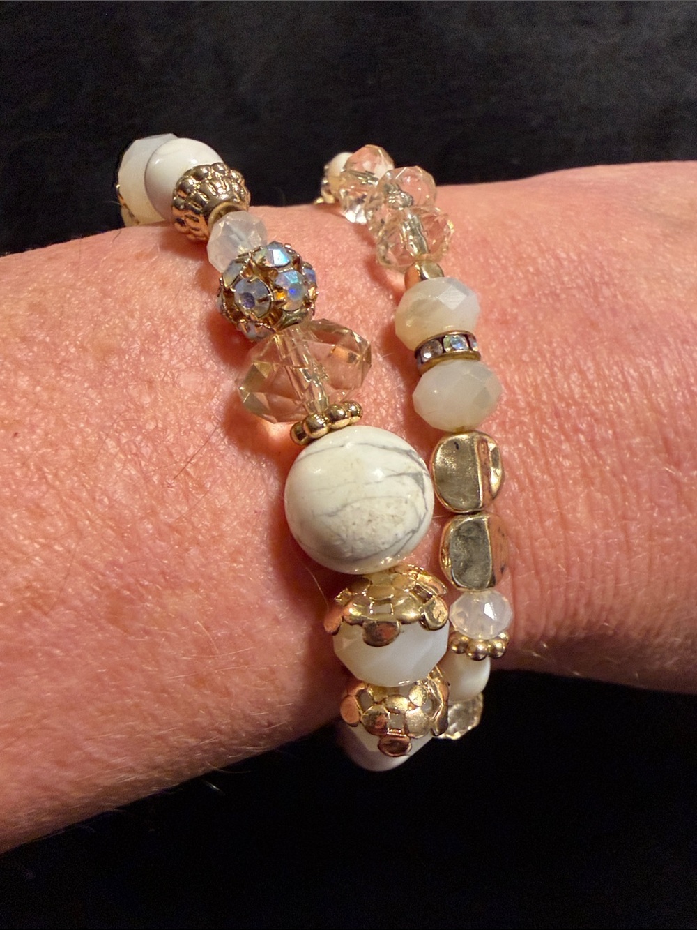 Artisan White Gold Crystal Beaded Stretch Bracelets Set of 2